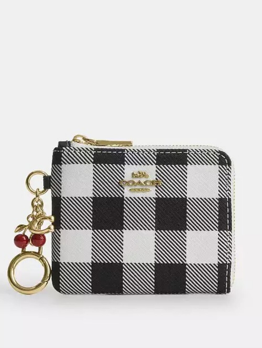 *NWT* COACH Small Corner Zip Wallet In Black & White Gingham With Cherry Charm
